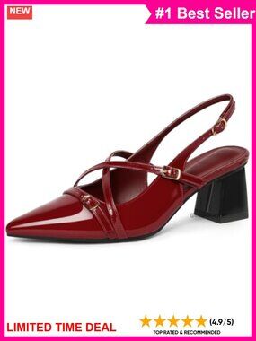 Patent Leather Slingback Block Heels Pointed Toe Pumps